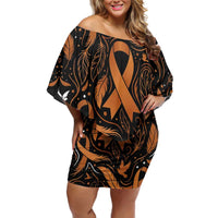 Personalized I Wear Orange Kidney Cancer Awareness Off Shoulder Short Dress Feathered Ribbon Silhouette Illustration