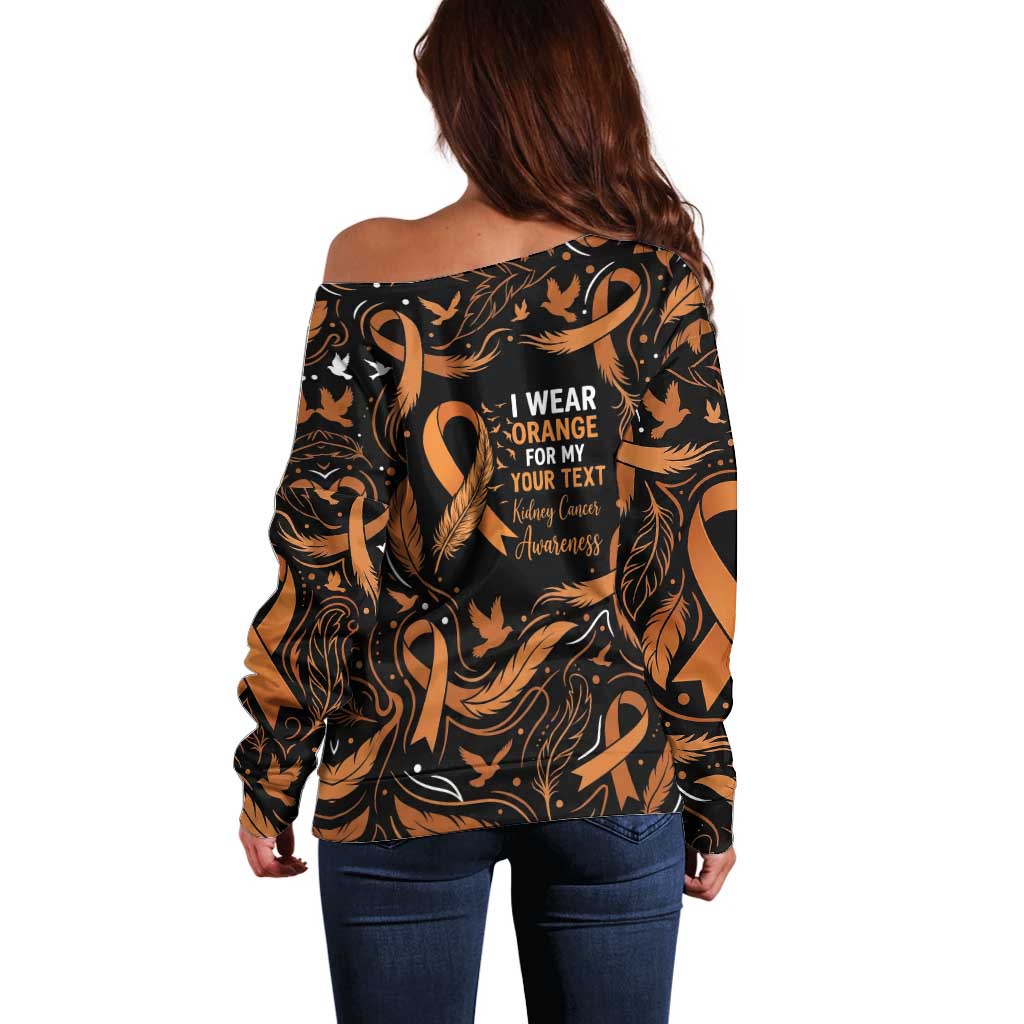 Personalized I Wear Orange Kidney Cancer Awareness Off Shoulder Sweater Feathered Ribbon Silhouette Illustration