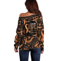 Personalized I Wear Orange Kidney Cancer Awareness Off Shoulder Sweater Feathered Ribbon Silhouette Illustration