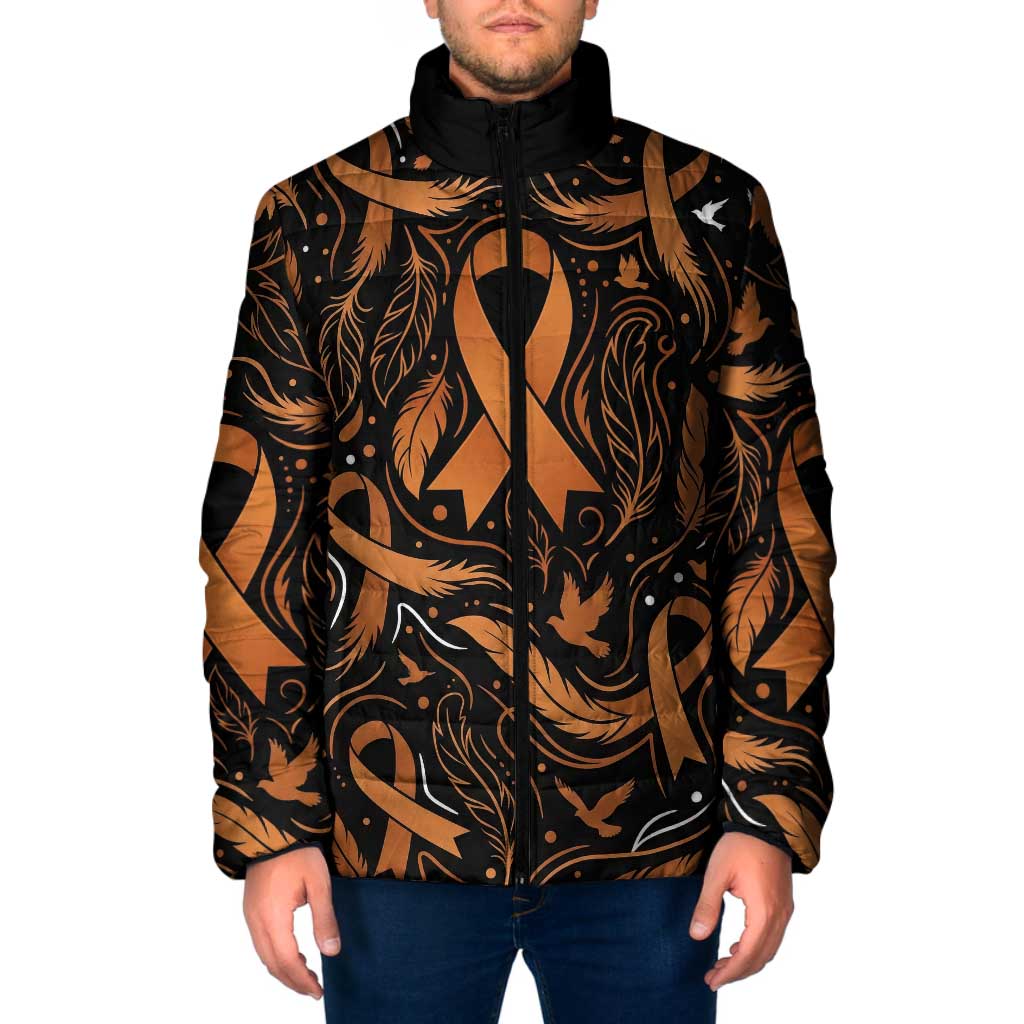 Personalized I Wear Orange Kidney Cancer Awareness Padded Jacket Feathered Ribbon Silhouette Illustration