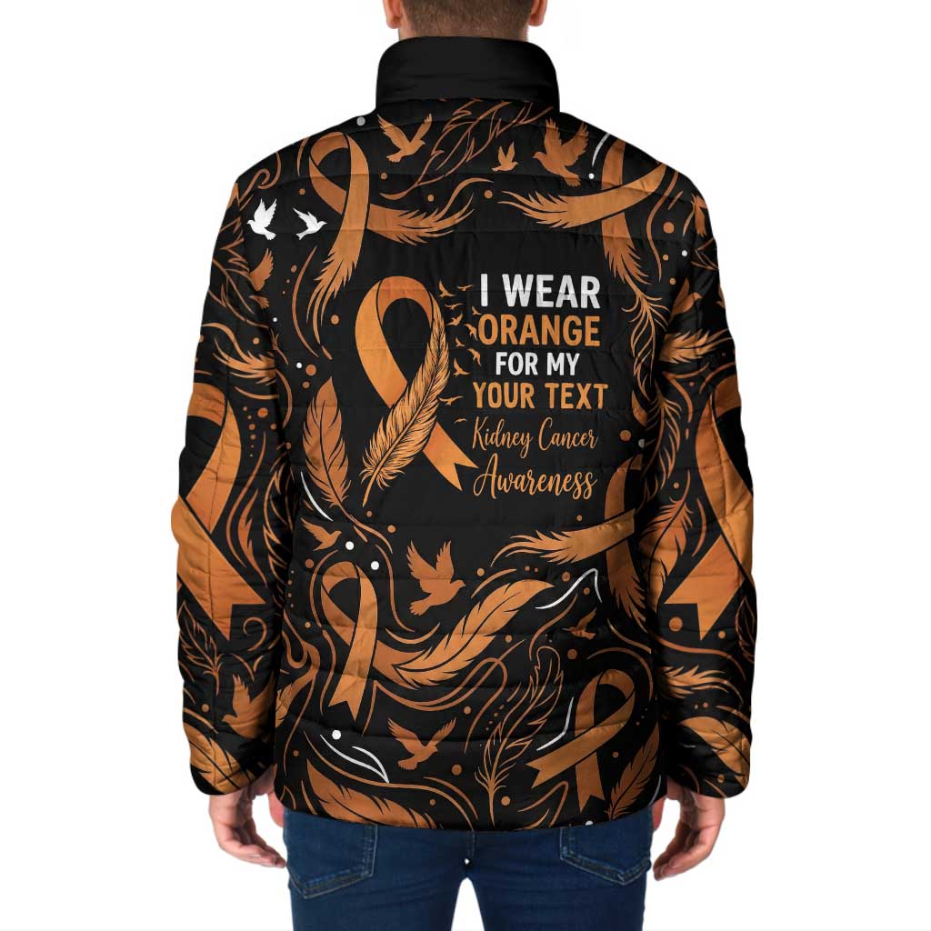 Personalized I Wear Orange Kidney Cancer Awareness Padded Jacket Feathered Ribbon Silhouette Illustration