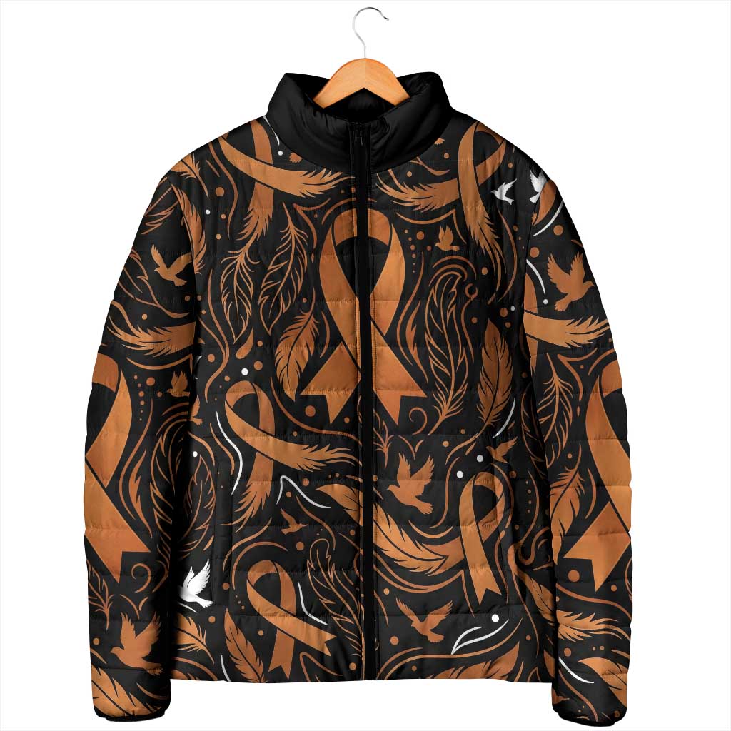 Personalized I Wear Orange Kidney Cancer Awareness Padded Jacket Feathered Ribbon Silhouette Illustration