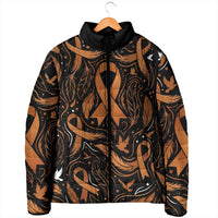 Personalized I Wear Orange Kidney Cancer Awareness Padded Jacket Feathered Ribbon Silhouette Illustration