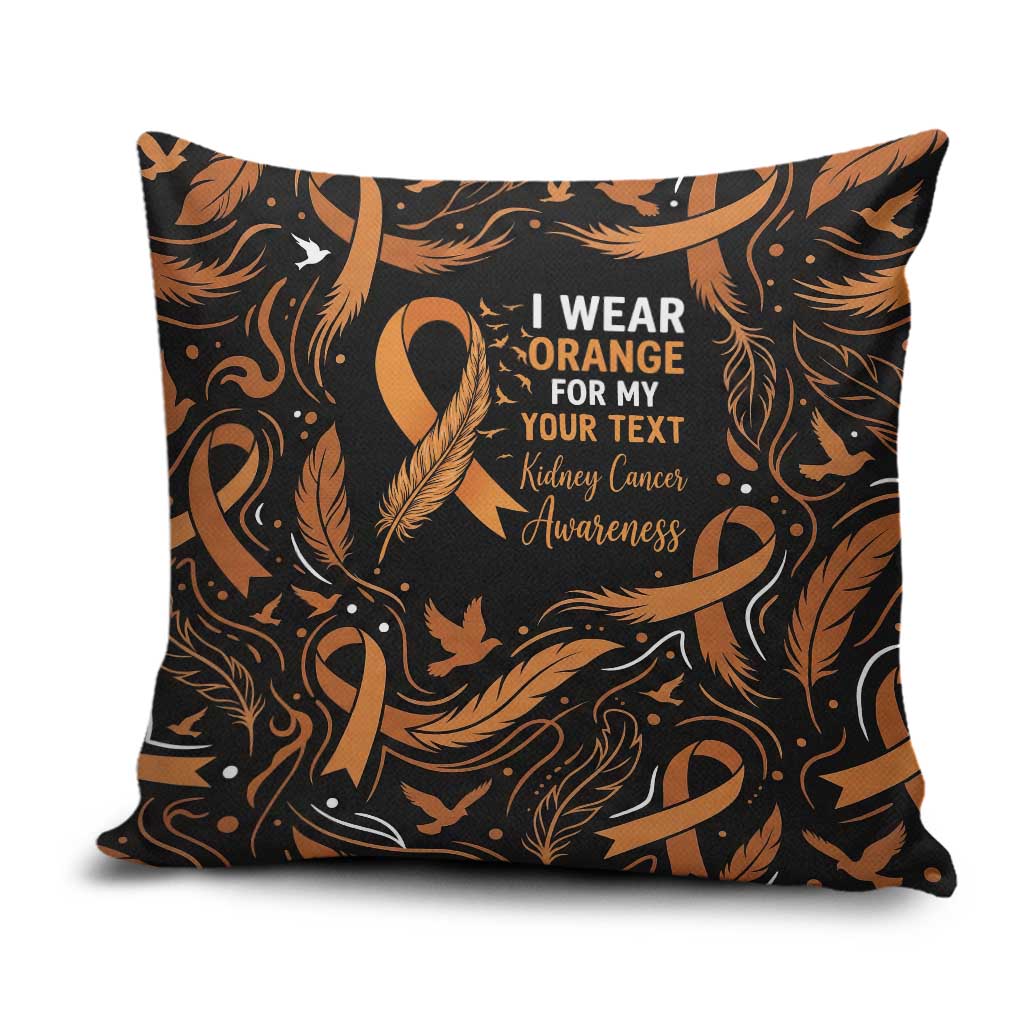 Personalized I Wear Orange Kidney Cancer Awareness Pillow Cover Feathered Ribbon Silhouette Illustration