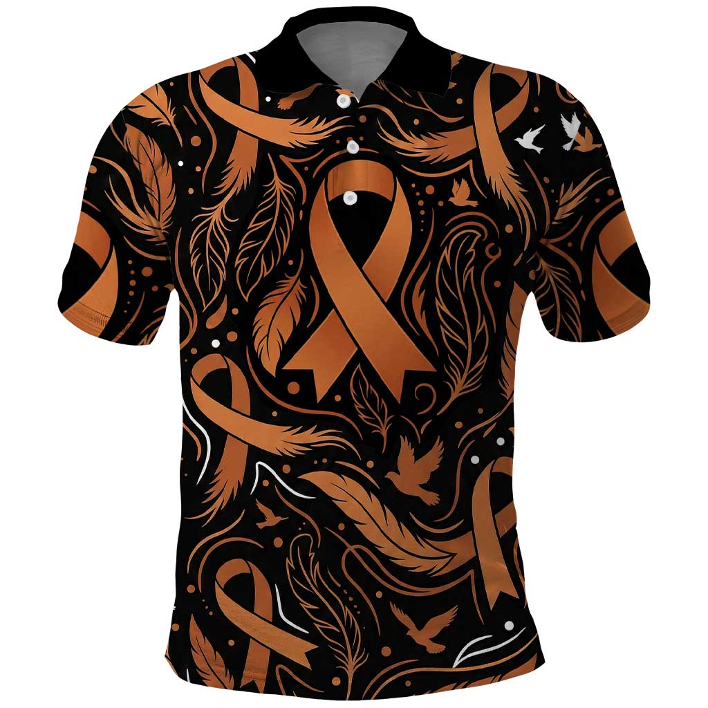 Personalized I Wear Orange Kidney Cancer Awareness Polo Shirt Feathered Ribbon Silhouette Illustration