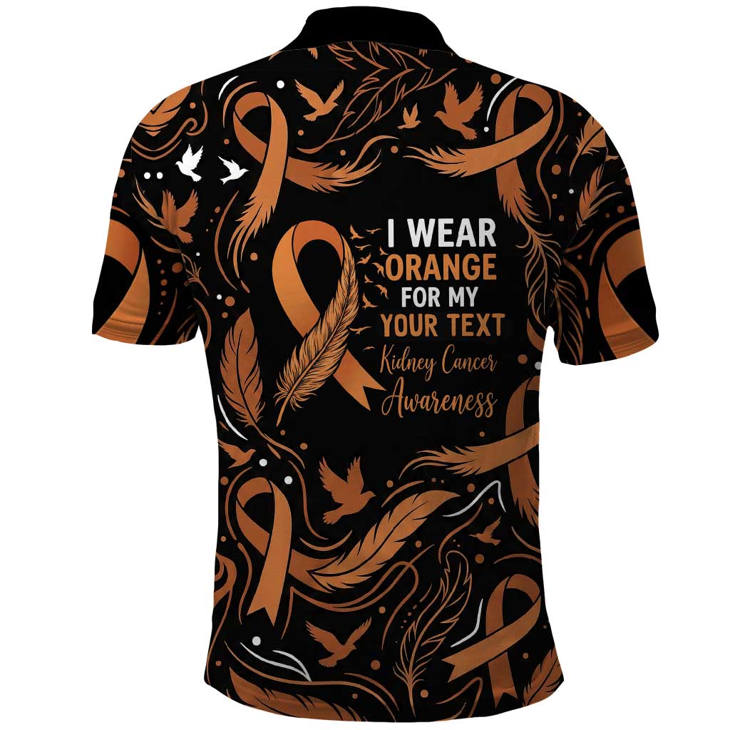 Personalized I Wear Orange Kidney Cancer Awareness Polo Shirt Feathered Ribbon Silhouette Illustration