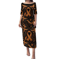 Personalized I Wear Orange Kidney Cancer Awareness Puletasi Feathered Ribbon Silhouette Illustration