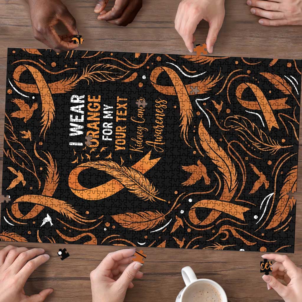 Personalized I Wear Orange Kidney Cancer Awareness Puzzle Feathered Ribbon Silhouette Illustration