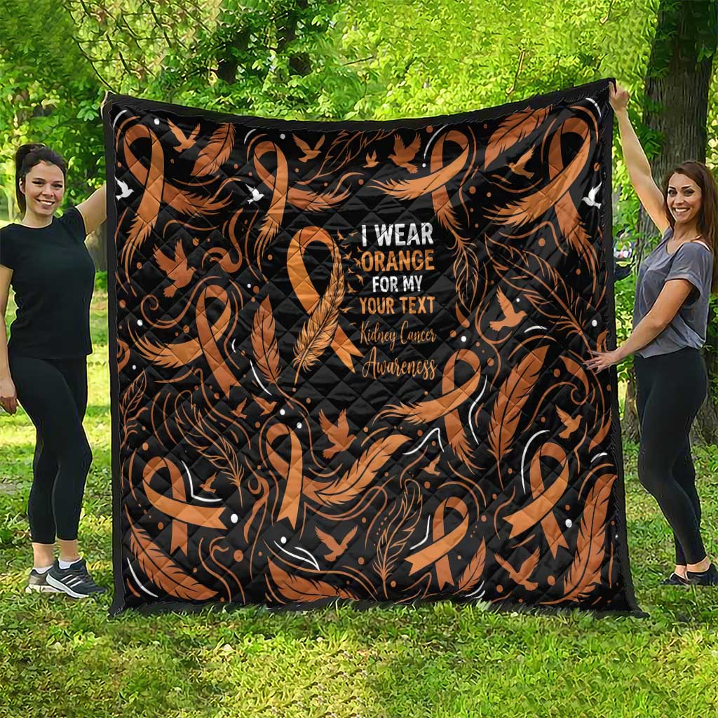 Personalized I Wear Orange Kidney Cancer Awareness Quilt Feathered Ribbon Silhouette Illustration