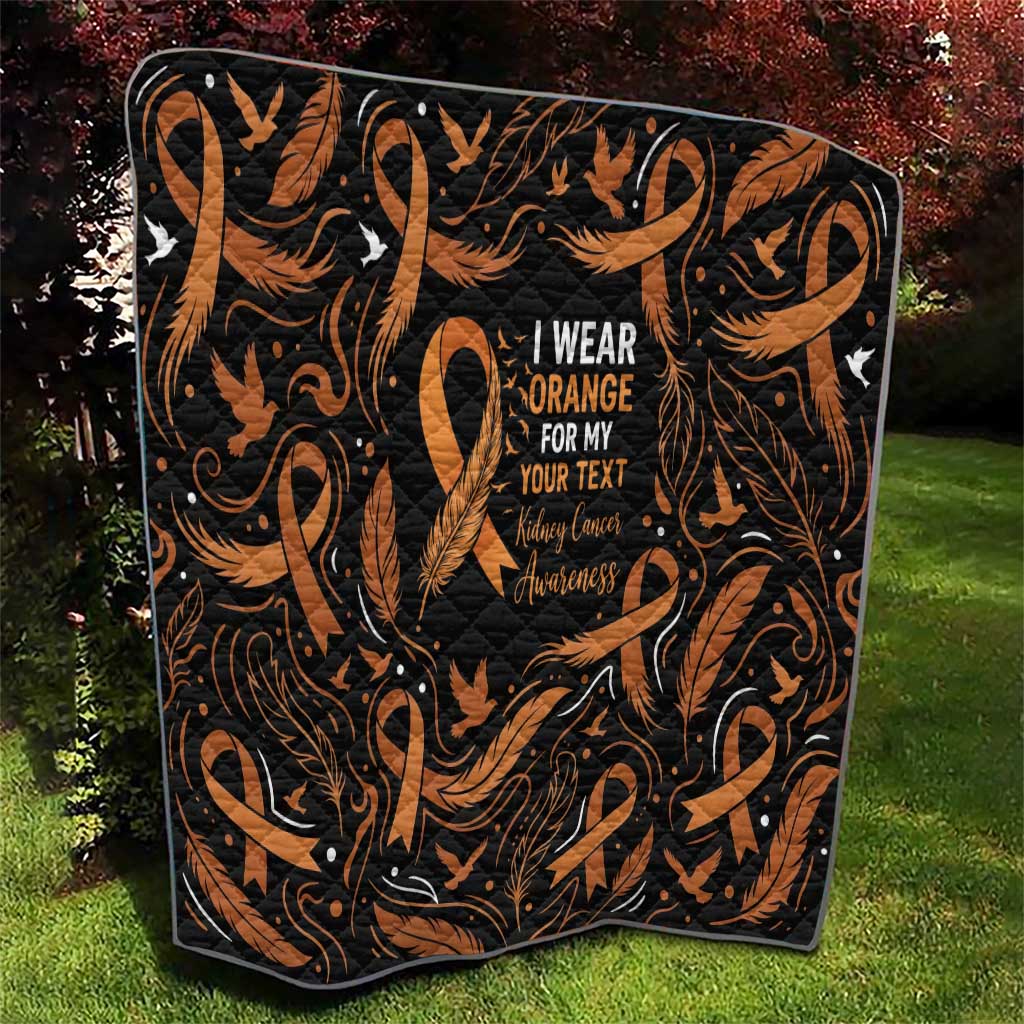 Personalized I Wear Orange Kidney Cancer Awareness Quilt Feathered Ribbon Silhouette Illustration