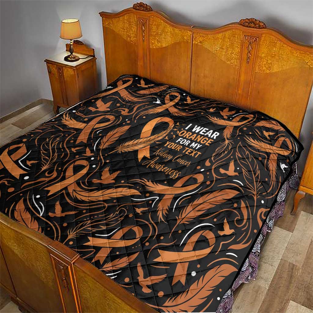 Personalized I Wear Orange Kidney Cancer Awareness Quilt Feathered Ribbon Silhouette Illustration