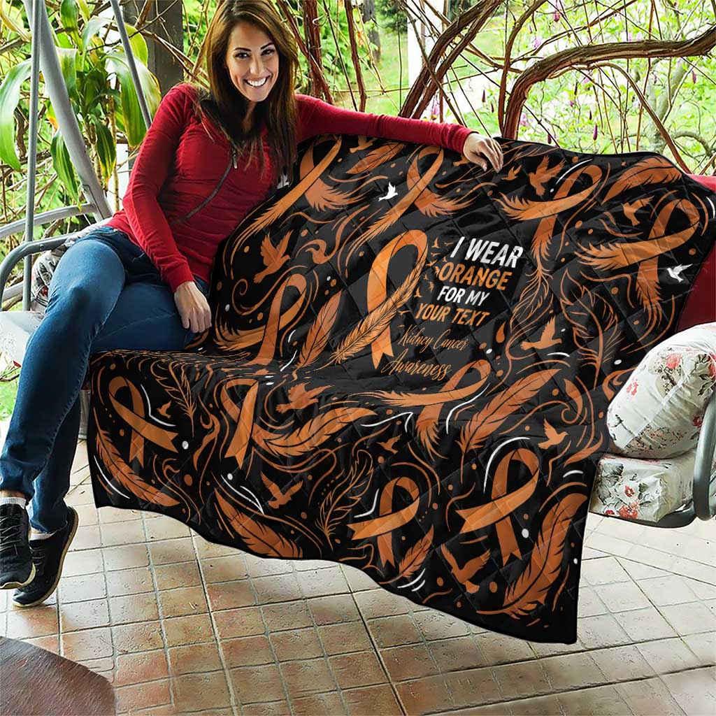 Personalized I Wear Orange Kidney Cancer Awareness Quilt Feathered Ribbon Silhouette Illustration