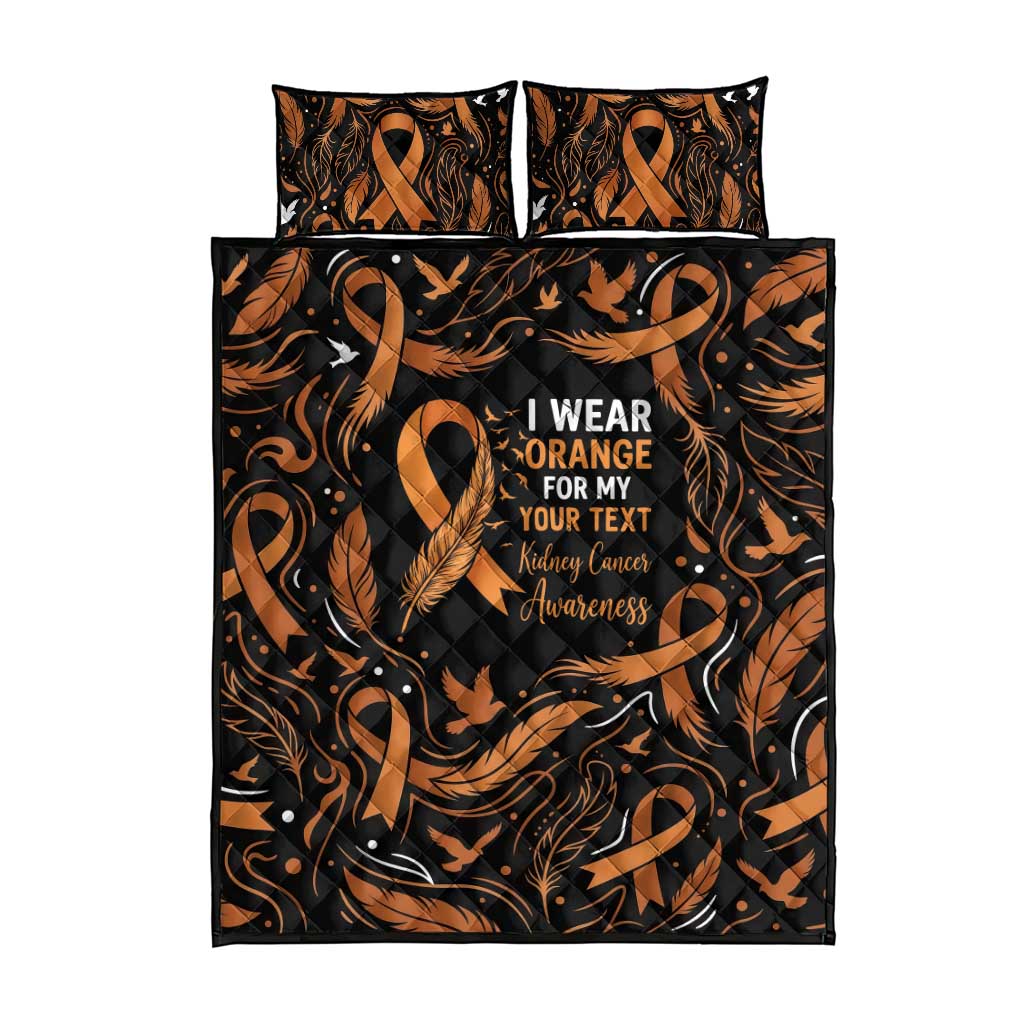 Personalized I Wear Orange Kidney Cancer Awareness Quilt Bed Set Feathered Ribbon Silhouette Illustration