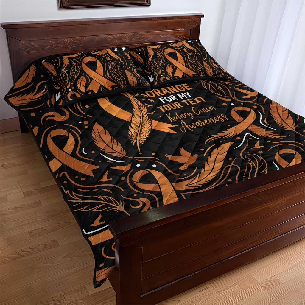 Personalized I Wear Orange Kidney Cancer Awareness Quilt Bed Set Feathered Ribbon Silhouette Illustration