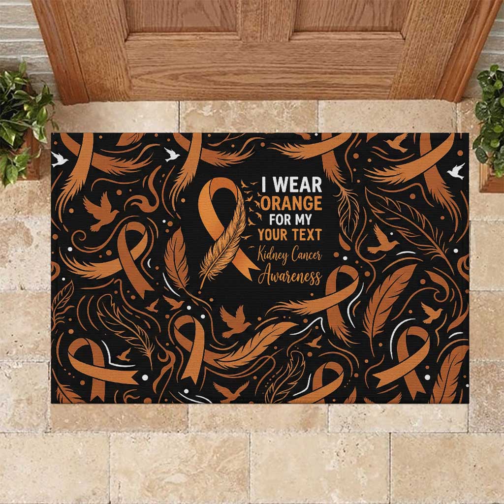 Personalized I Wear Orange Kidney Cancer Awareness Rubber Doormat Feathered Ribbon Silhouette Illustration