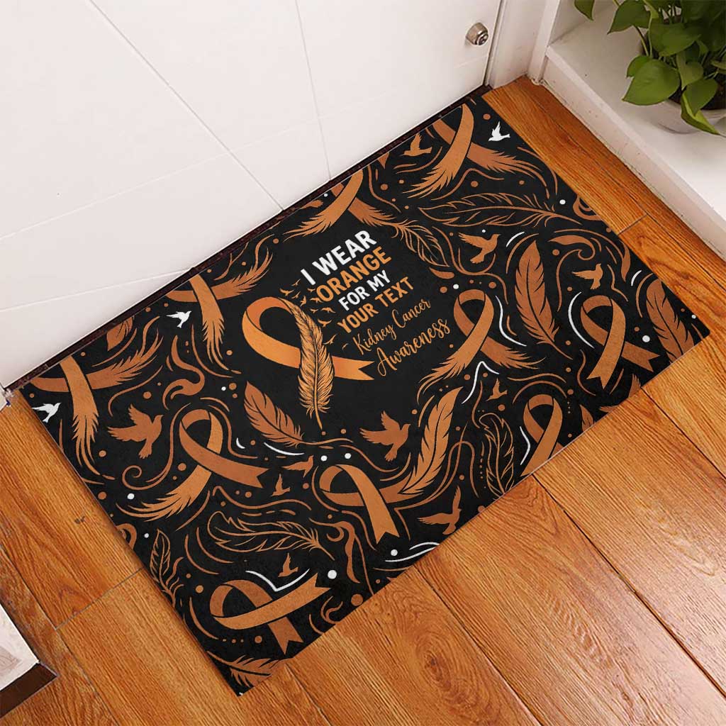 Personalized I Wear Orange Kidney Cancer Awareness Rubber Doormat Feathered Ribbon Silhouette Illustration
