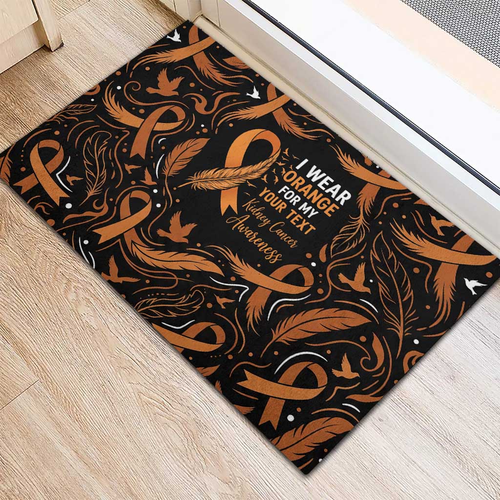 Personalized I Wear Orange Kidney Cancer Awareness Rubber Doormat Feathered Ribbon Silhouette Illustration