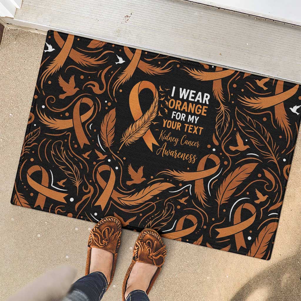 Personalized I Wear Orange Kidney Cancer Awareness Rubber Doormat Feathered Ribbon Silhouette Illustration