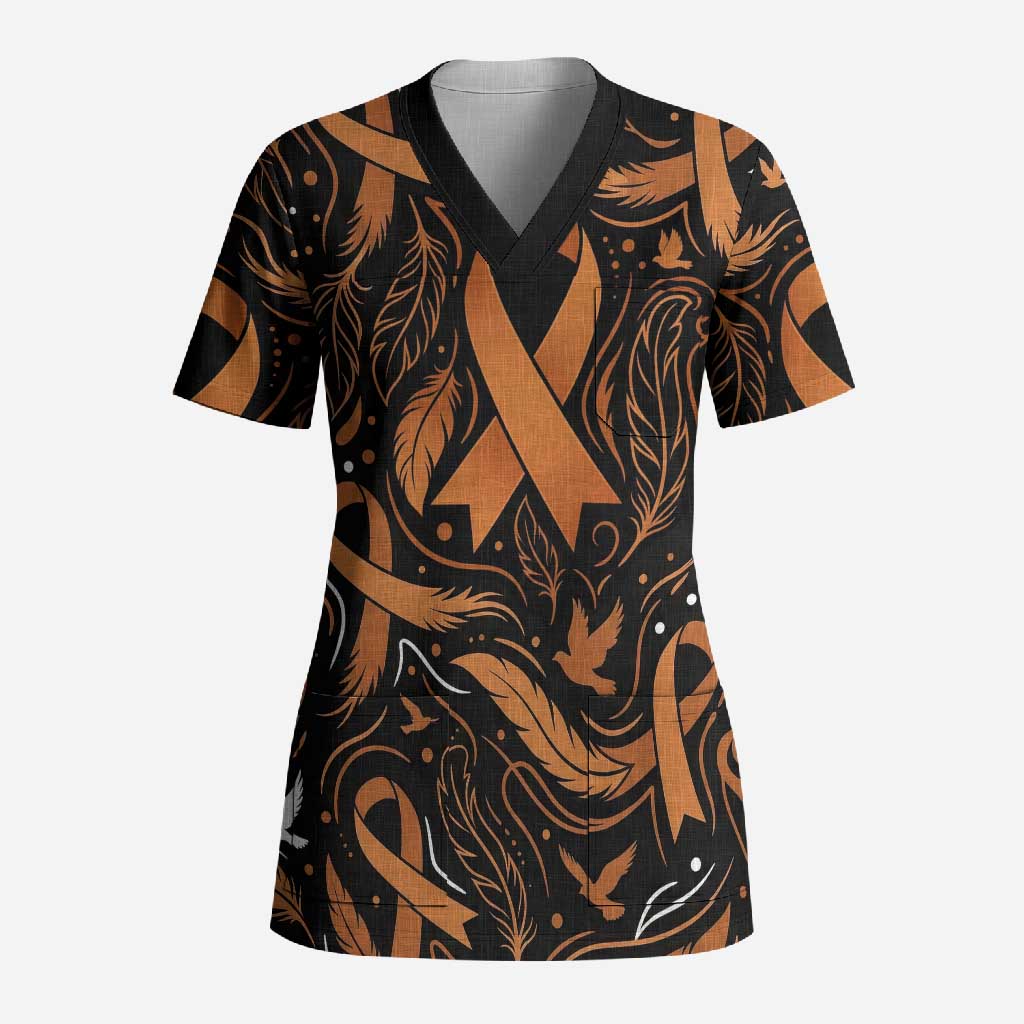 Personalized I Wear Orange Kidney Cancer Awareness Scrub Top Feathered Ribbon Silhouette Illustration