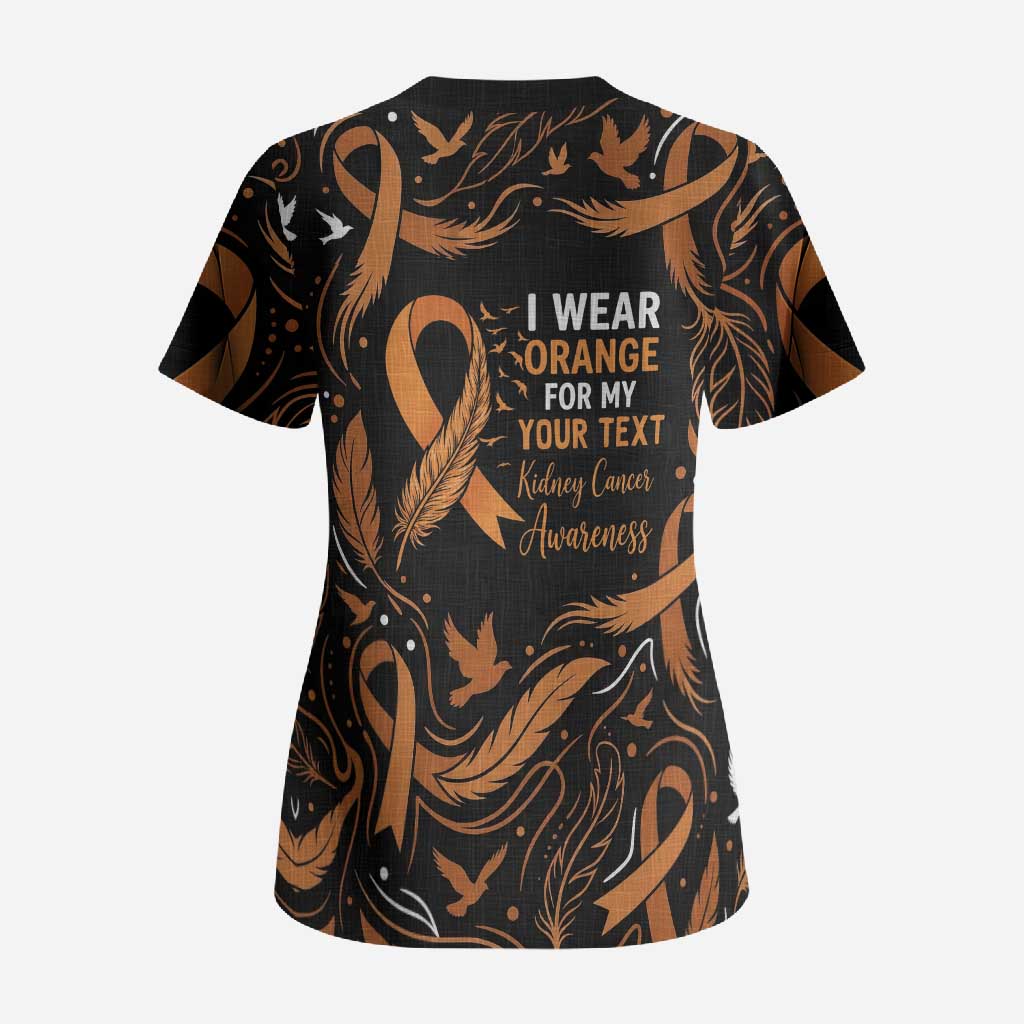 Personalized I Wear Orange Kidney Cancer Awareness Scrub Top Feathered Ribbon Silhouette Illustration