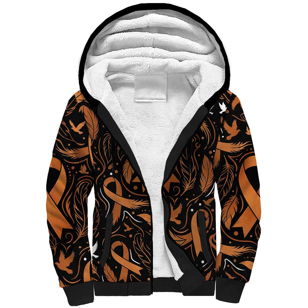 Personalized I Wear Orange Kidney Cancer Awareness Sherpa Hoodie Feathered Ribbon Silhouette Illustration