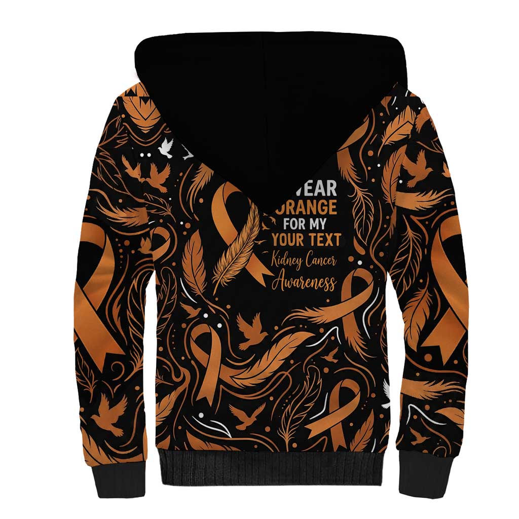 Personalized I Wear Orange Kidney Cancer Awareness Sherpa Hoodie Feathered Ribbon Silhouette Illustration