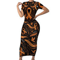 Personalized I Wear Orange Kidney Cancer Awareness Short Sleeve Bodycon Dress Feathered Ribbon Silhouette Illustration