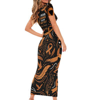 Personalized I Wear Orange Kidney Cancer Awareness Short Sleeve Bodycon Dress Feathered Ribbon Silhouette Illustration