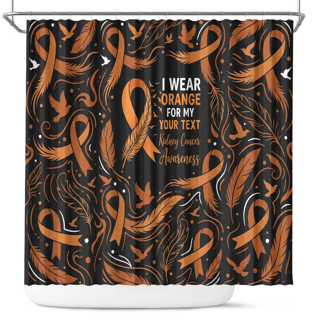 Personalized I Wear Orange Kidney Cancer Awareness Shower Curtain Feathered Ribbon Silhouette Illustration