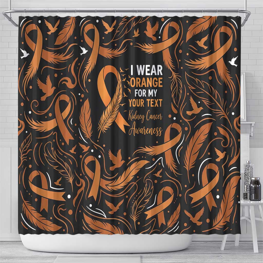 Personalized I Wear Orange Kidney Cancer Awareness Shower Curtain Feathered Ribbon Silhouette Illustration