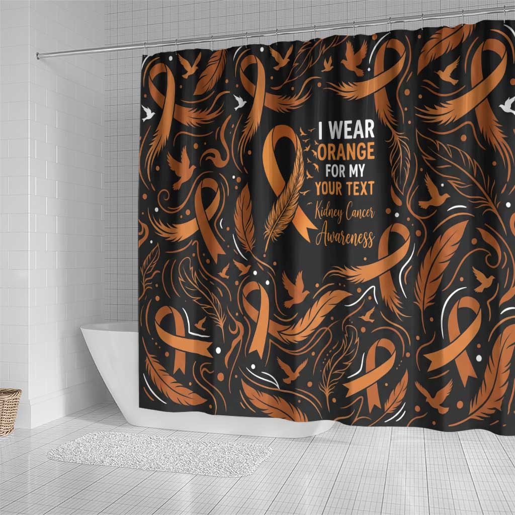 Personalized I Wear Orange Kidney Cancer Awareness Shower Curtain Feathered Ribbon Silhouette Illustration