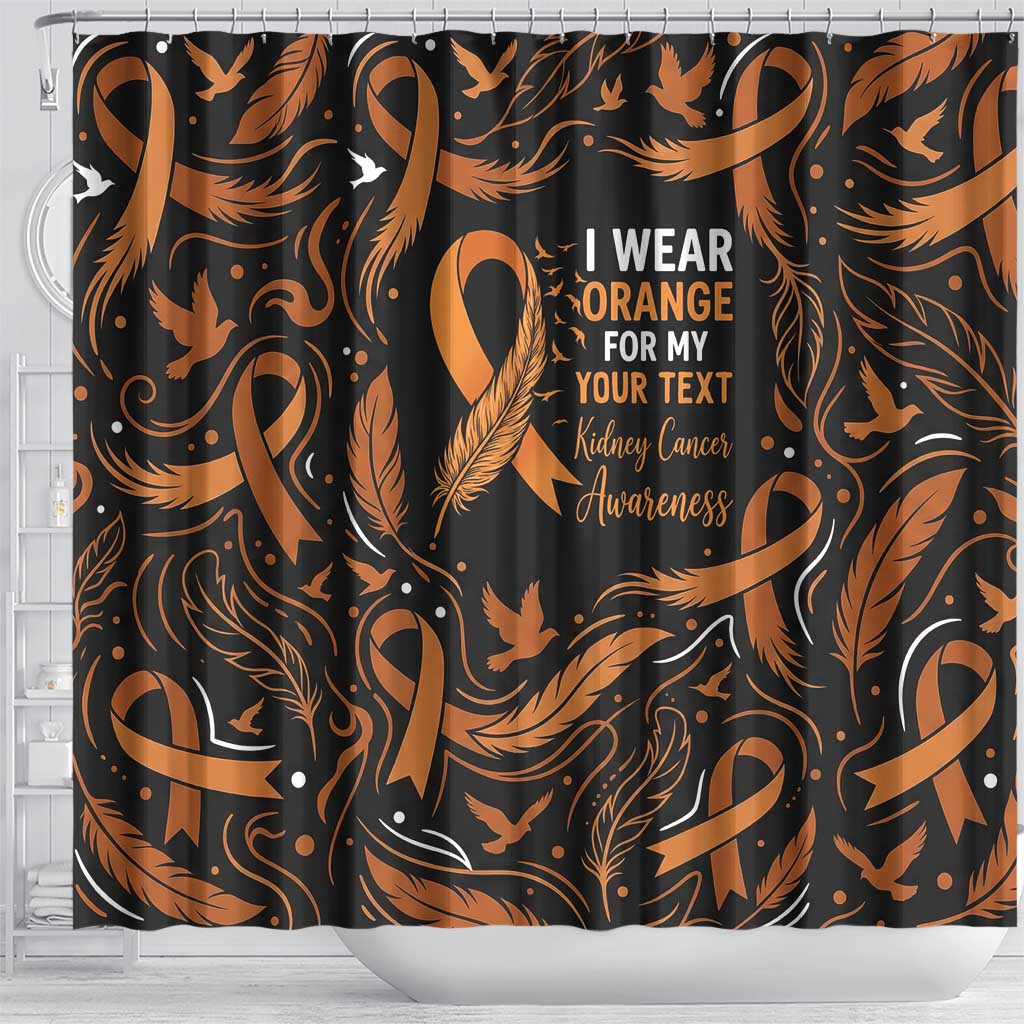 Personalized I Wear Orange Kidney Cancer Awareness Shower Curtain Feathered Ribbon Silhouette Illustration