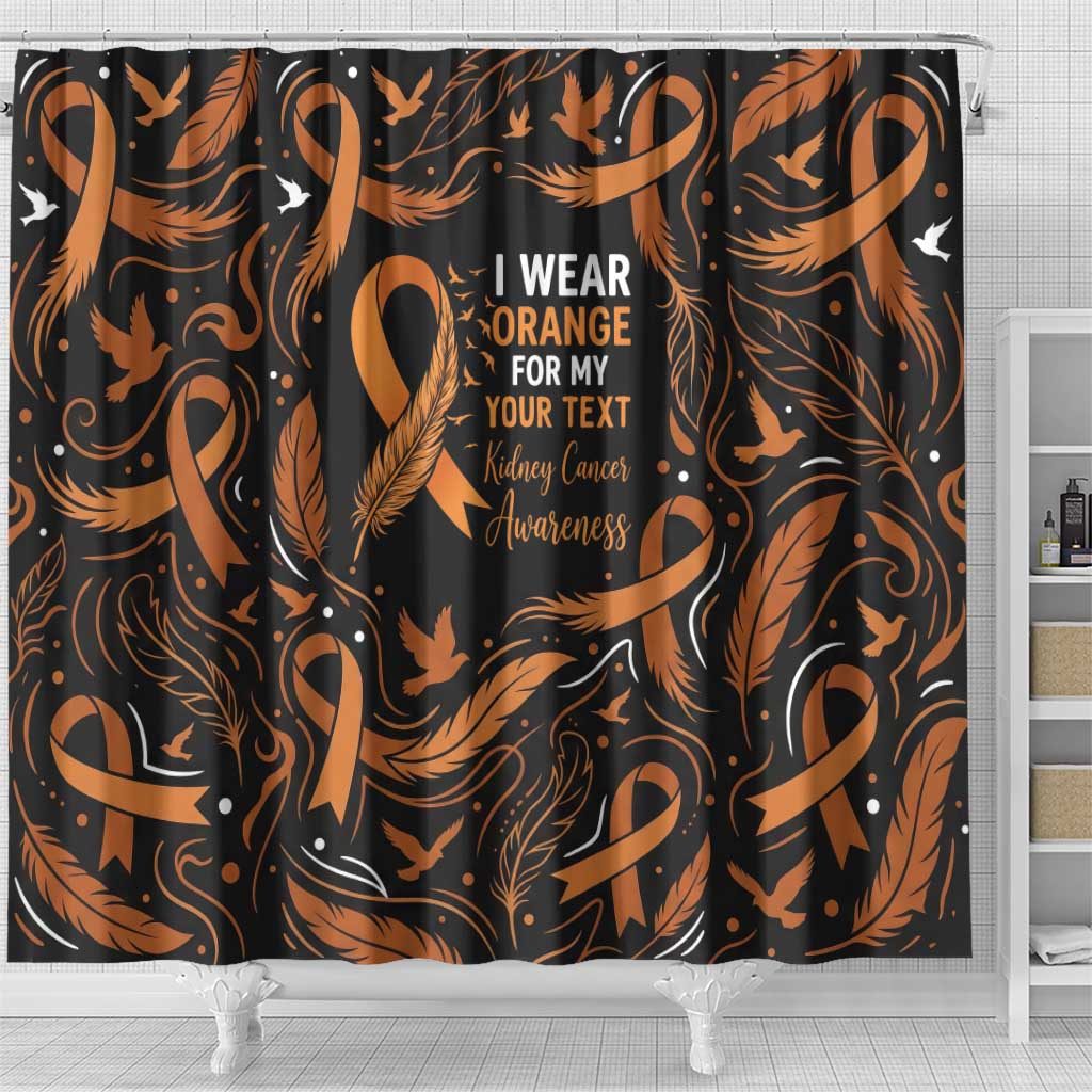 Personalized I Wear Orange Kidney Cancer Awareness Shower Curtain Feathered Ribbon Silhouette Illustration