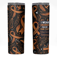 Personalized I Wear Orange Kidney Cancer Awareness Skinny Tumbler Feathered Ribbon Silhouette Illustration