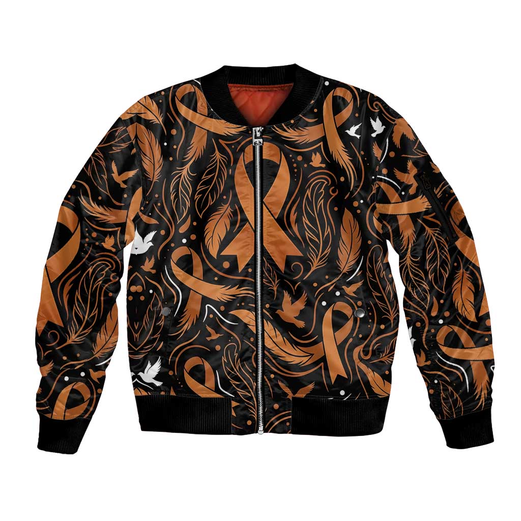 Personalized I Wear Orange Kidney Cancer Awareness Sleeve Zip Bomber Jacket Feathered Ribbon Silhouette Illustration
