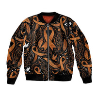 Personalized I Wear Orange Kidney Cancer Awareness Sleeve Zip Bomber Jacket Feathered Ribbon Silhouette Illustration