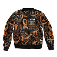 Personalized I Wear Orange Kidney Cancer Awareness Sleeve Zip Bomber Jacket Feathered Ribbon Silhouette Illustration