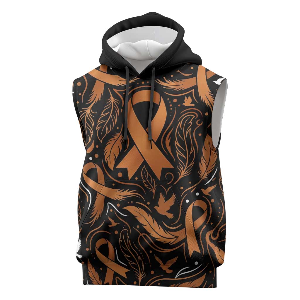 Personalized I Wear Orange Kidney Cancer Awareness Sleeveless Hoodie Feathered Ribbon Silhouette Illustration