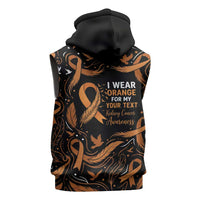 Personalized I Wear Orange Kidney Cancer Awareness Sleeveless Hoodie Feathered Ribbon Silhouette Illustration