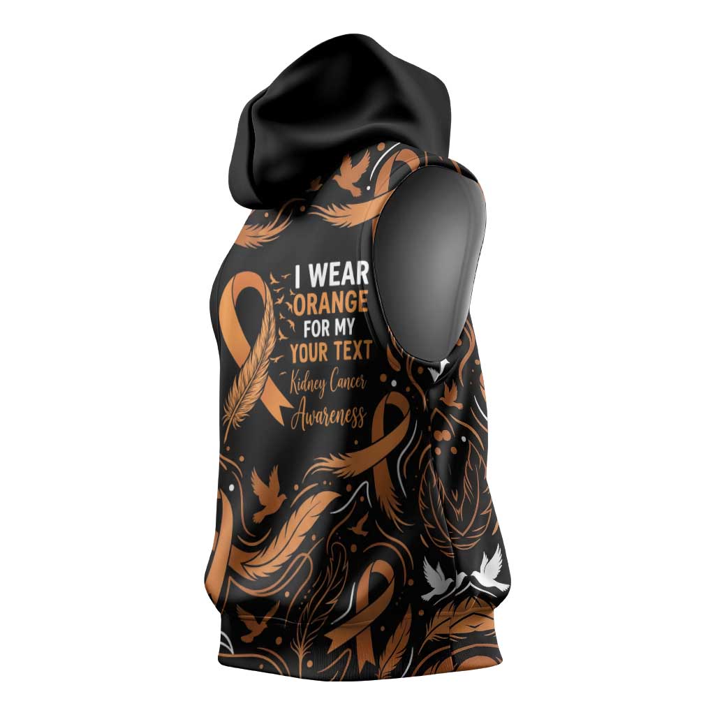 Personalized I Wear Orange Kidney Cancer Awareness Sleeveless Hoodie Feathered Ribbon Silhouette Illustration