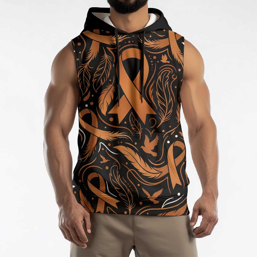 Personalized I Wear Orange Kidney Cancer Awareness Sleeveless Hoodie Feathered Ribbon Silhouette Illustration
