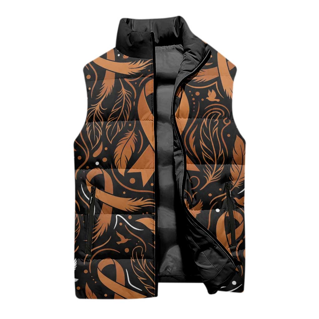 Personalized I Wear Orange Kidney Cancer Awareness Sleeveless Puffer Jacket Feathered Ribbon Silhouette Illustration