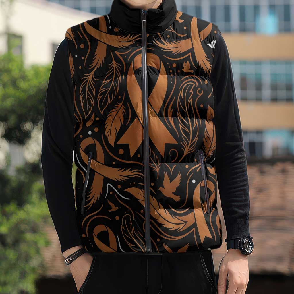 Personalized I Wear Orange Kidney Cancer Awareness Sleeveless Puffer Jacket Feathered Ribbon Silhouette Illustration