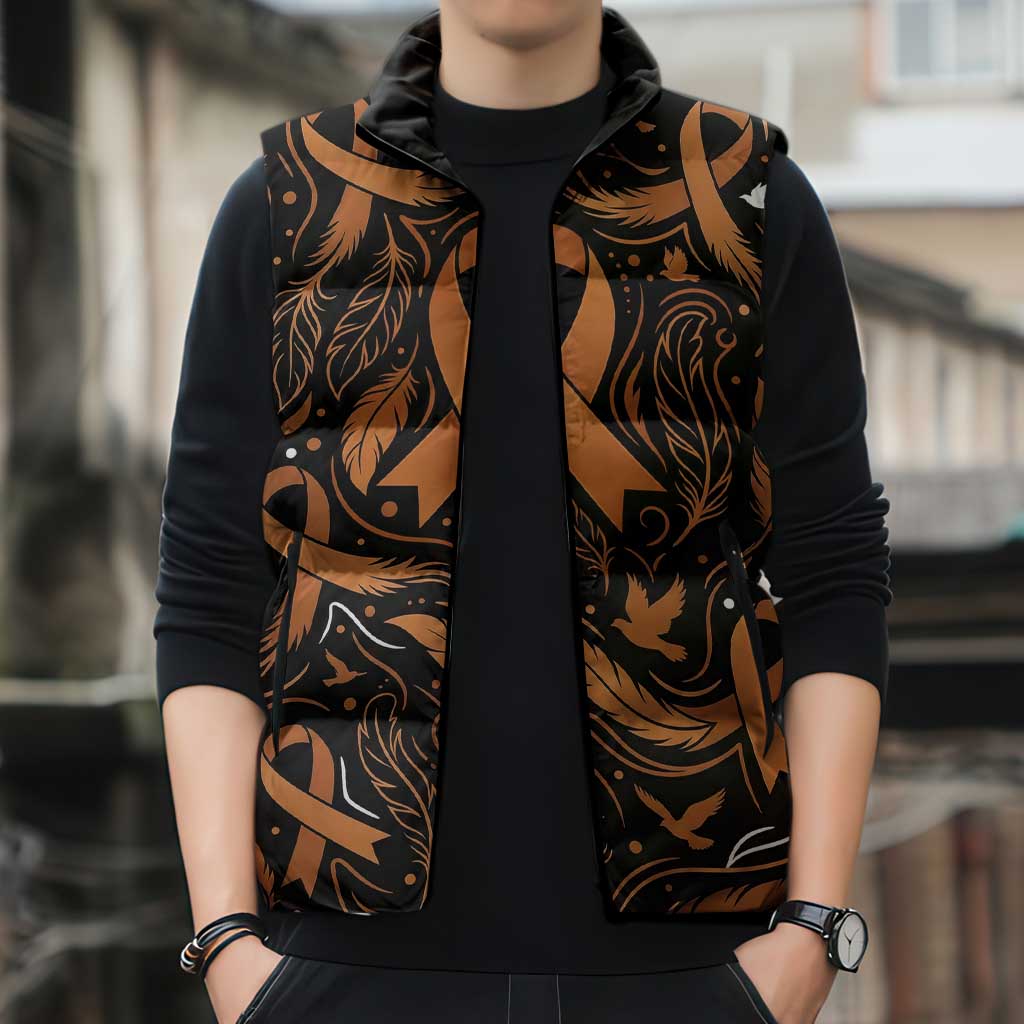Personalized I Wear Orange Kidney Cancer Awareness Sleeveless Puffer Jacket Feathered Ribbon Silhouette Illustration