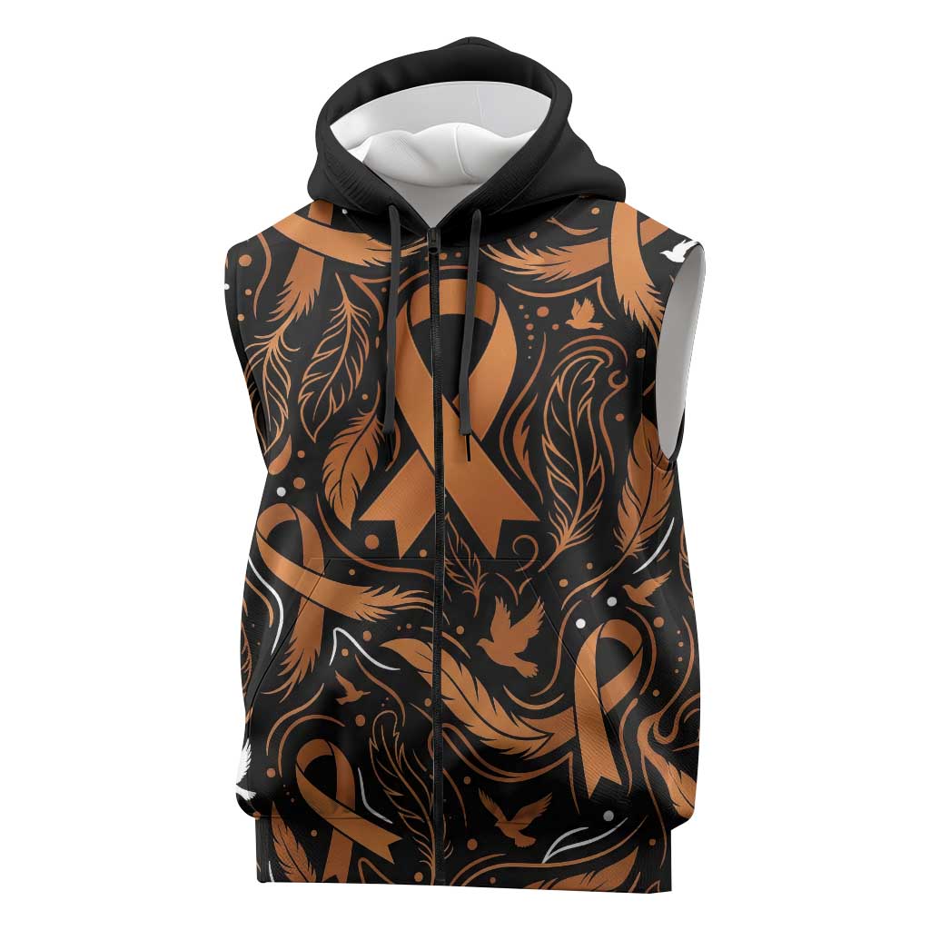 Personalized I Wear Orange Kidney Cancer Awareness Sleeveless Zip Hoodie Feathered Ribbon Silhouette Illustration