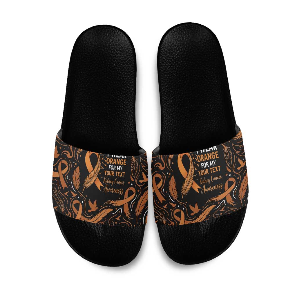 Personalized I Wear Orange Kidney Cancer Awareness Slide Sandals Feathered Ribbon Silhouette Illustration