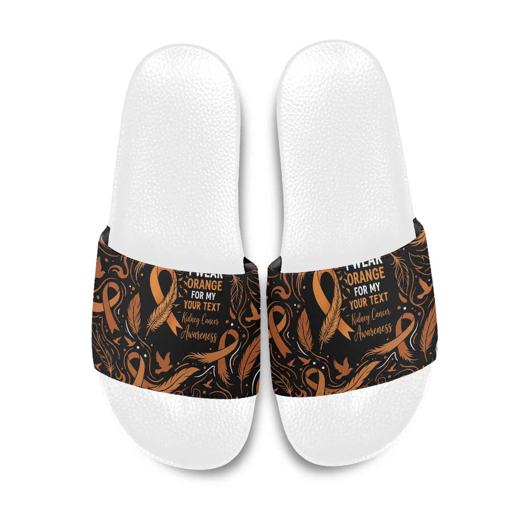 Personalized I Wear Orange Kidney Cancer Awareness Slide Sandals Feathered Ribbon Silhouette Illustration