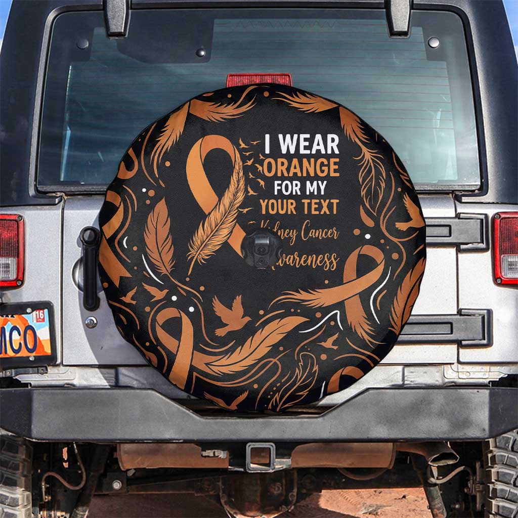 Personalized I Wear Orange Kidney Cancer Awareness Spare Tire Cover Feathered Ribbon Silhouette Illustration