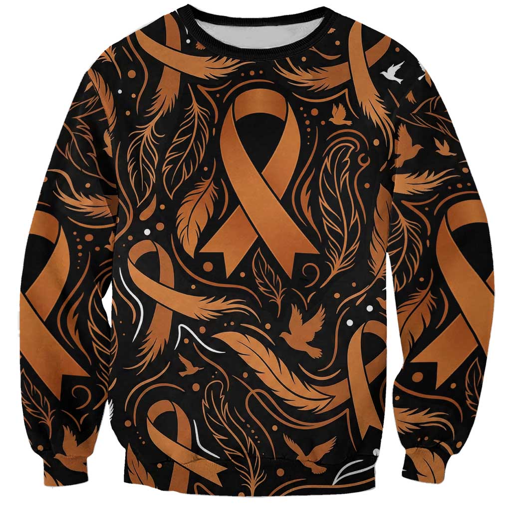 Personalized I Wear Orange Kidney Cancer Awareness Sweatshirt Feathered Ribbon Silhouette Illustration