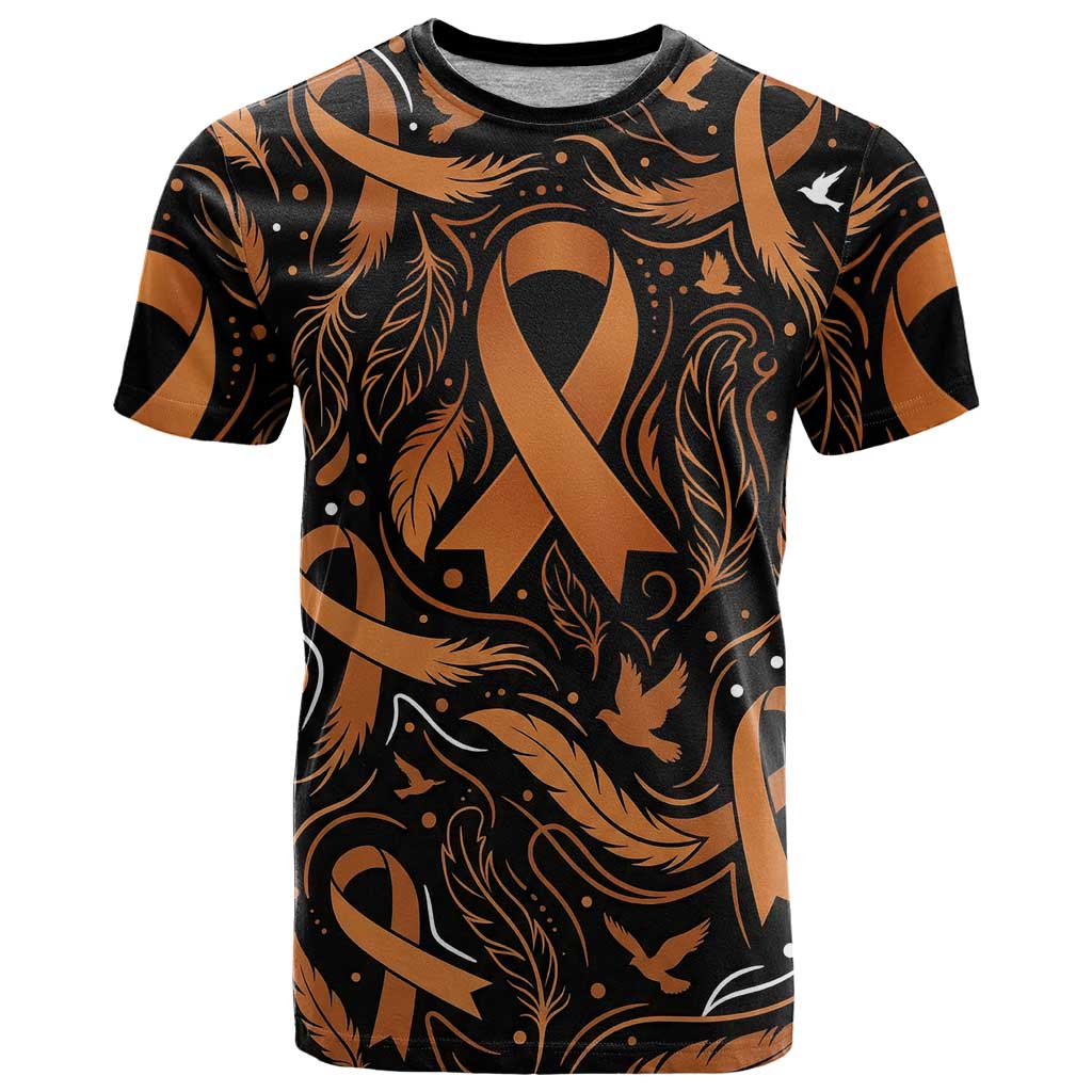 Personalized I Wear Orange Kidney Cancer Awareness T Shirt Feathered Ribbon Silhouette Illustration